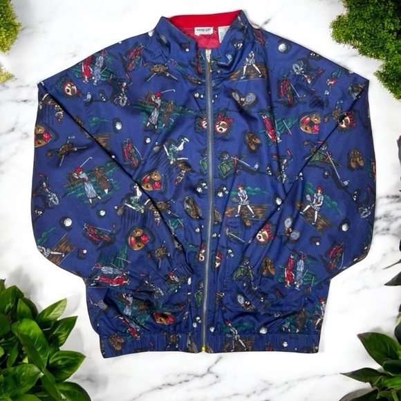 Vintage 80s Novelty Print Golf Tennis Crewneck Zip Up Boxy Bomber Jacket - Picture 1 of 14